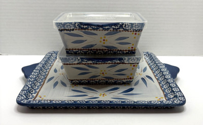 TEMPTATIONS Old World Blue Square 11 x 11 Platter w/2 EZ Hold Bakers--New