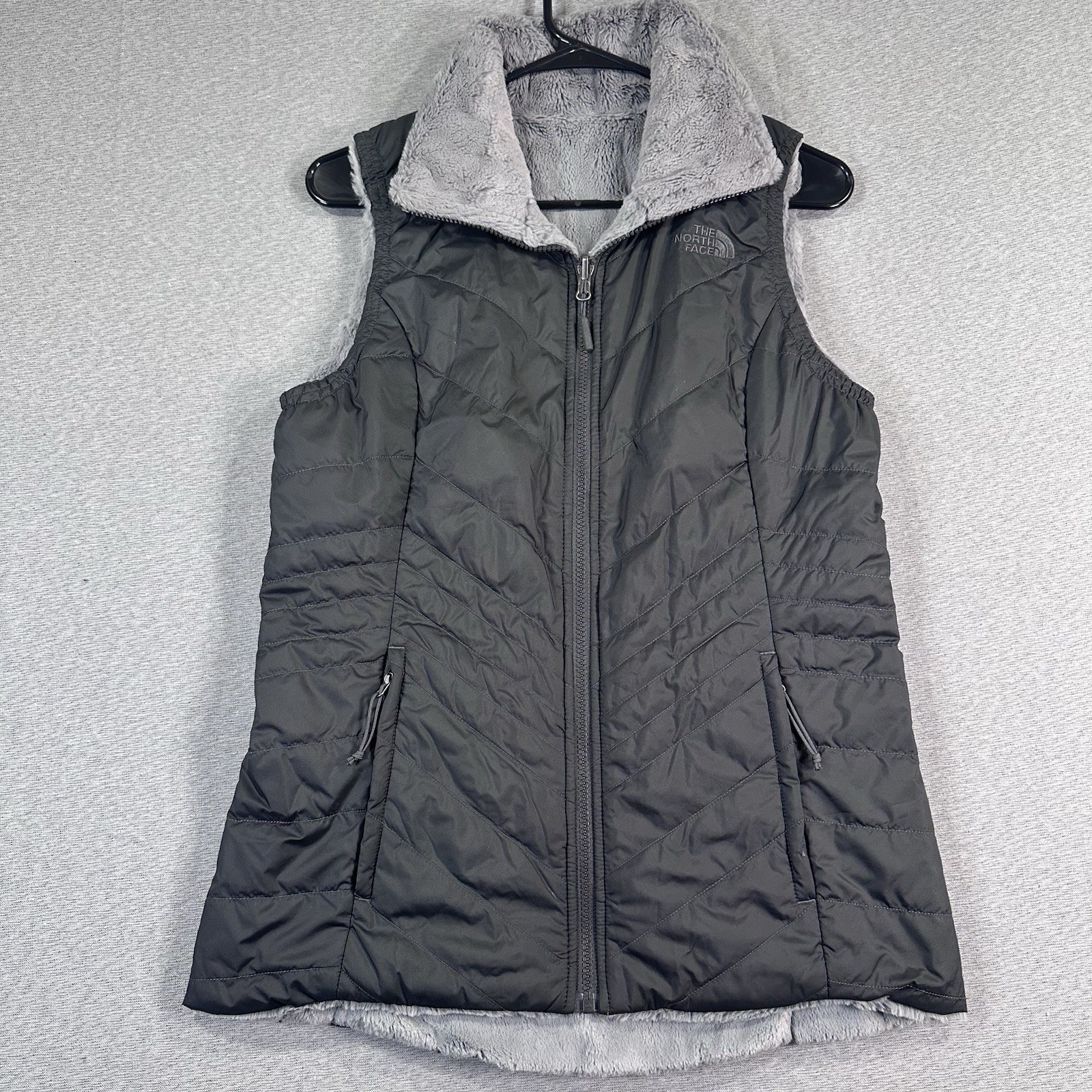The North Face Women’s S Puffer Vest Reversible Black Gray Fleece Full Zip