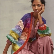 Women's FRNCH Paris Anthropologie Lobelia Cardigan Sweater Rainbow Stripes O/S