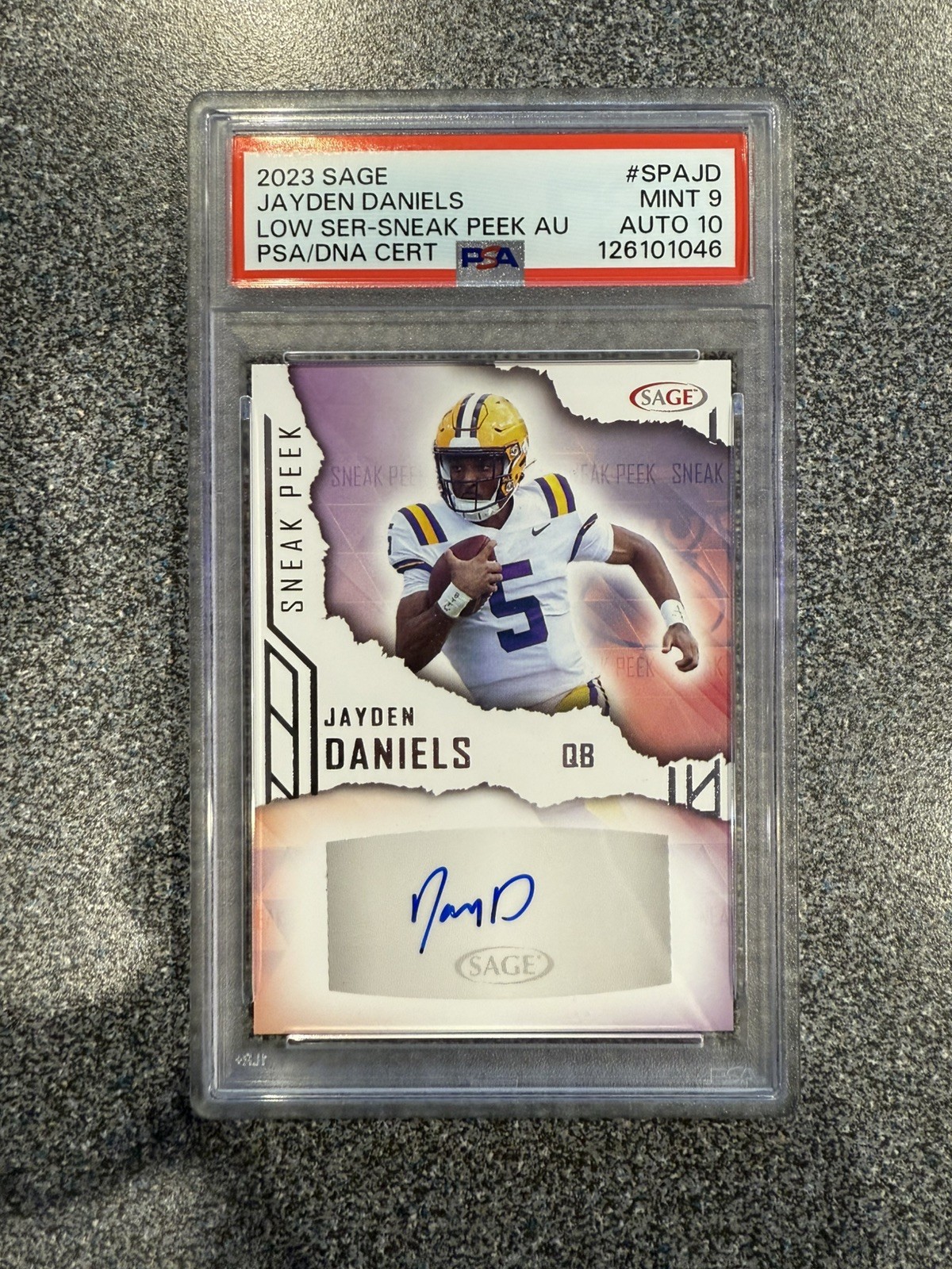 Jayden Daniels Autographed Signed LSU Tigers 2023 SAGE Low Series Sneak Peek #SPA-JD PSA MINT 9 AUTO 10 