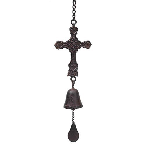 Filigree Embossed Cross and Bell Brown 5 x 8 Hanging Indoor Outdoor Wind Chime - Picture 1 of 1