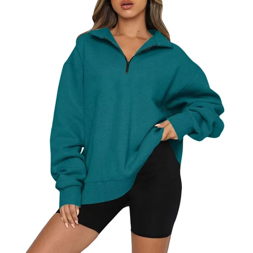 Womens Oversized Half Zip Pullover Long Sleeve Sweatshirt Hoodie Sweater Blouse - Picture 47 of 75