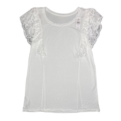 LOFT Outlet White Knit Top Ruffle Lace Flutter Sleeve White Womens Sz XS