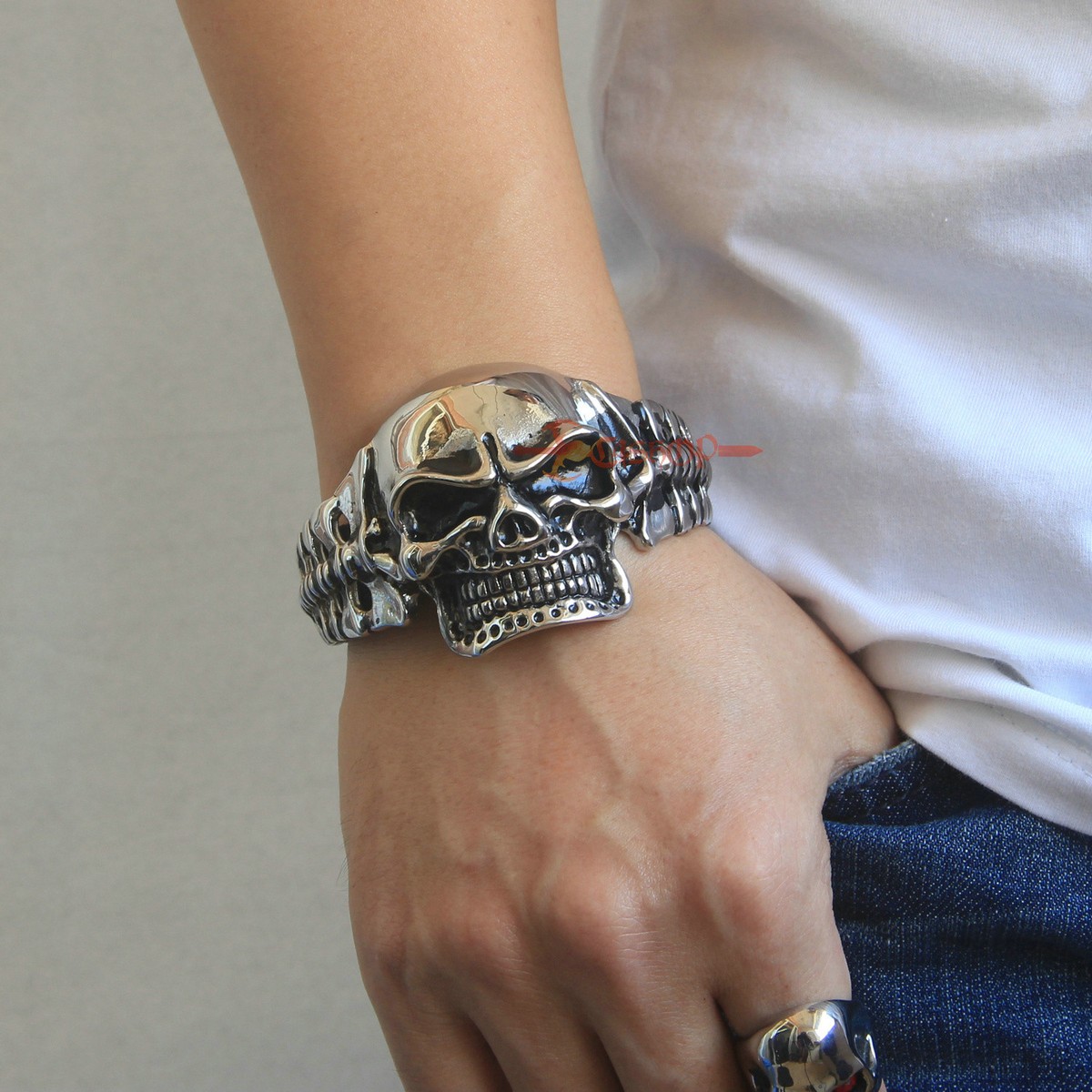 Huge Heavy 316L Stainless Steel Skull Skeleton Men's Biker Bangle