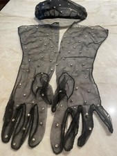women's black vintage rhinestone studded French beret with gloves to match