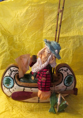 Rare David Frykman Fisherman in Canoe with Fish, Fishing poles and  Map