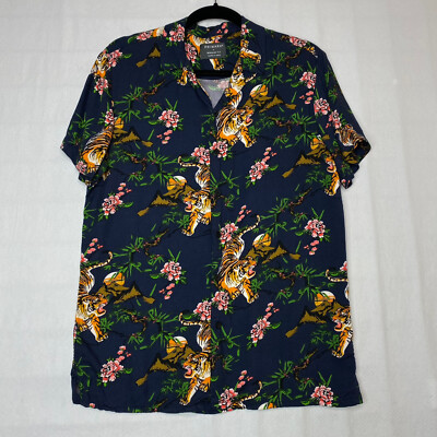 Primark Mens Top sz S Blue Floral Tigers Short Sleeve Button Up