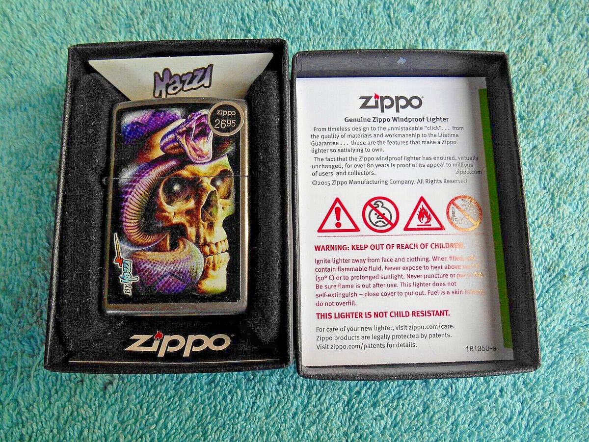 ZIPPO LIGHTER 2015 CHROME MAZZI SKULL WITH SNAKE. NEW WITH BOX