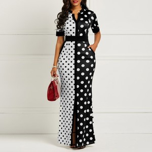 Polka Dot White Black Printed Women Short Sleeve Plus Size Long
