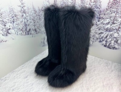 Black High Fox Fur Boots for Women Moutons Mukluk Womens Winter Snow Boots