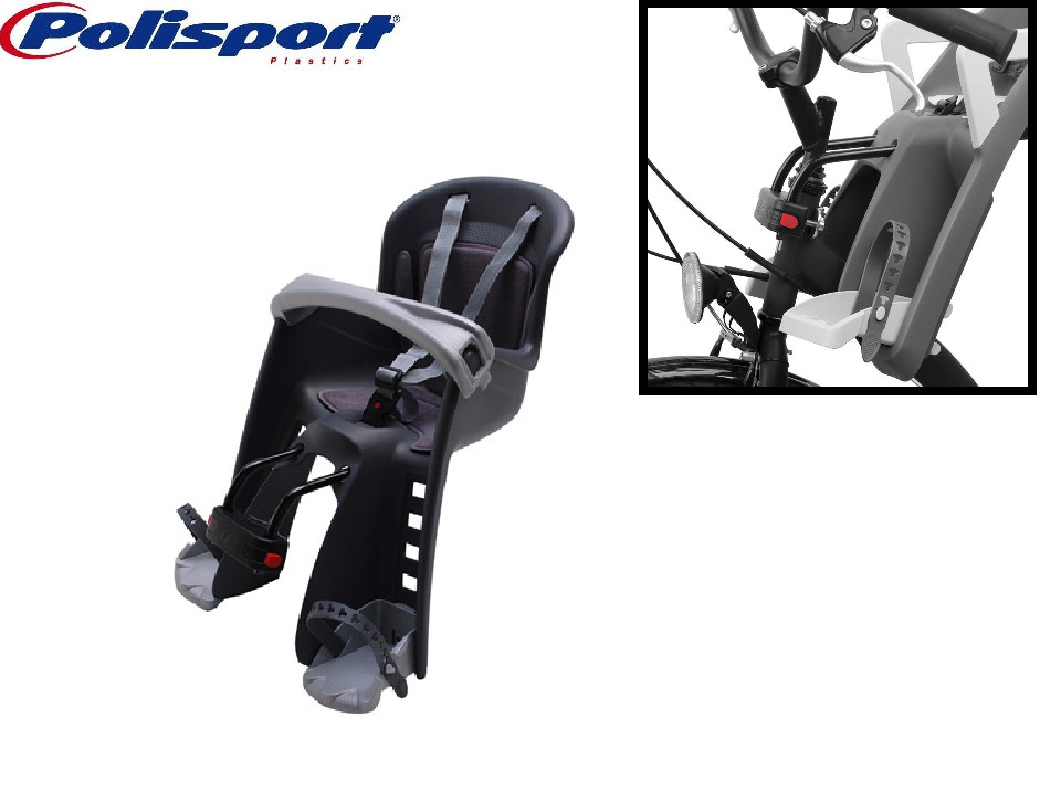 Siège enfant vélo avant sur colonne de direction de 9 à 15 Kg en gris anthracite