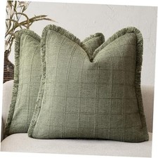 Set of 2 Decorative Linen Check Fringe Throw 20" x 20" Pack of 2 Sage Green