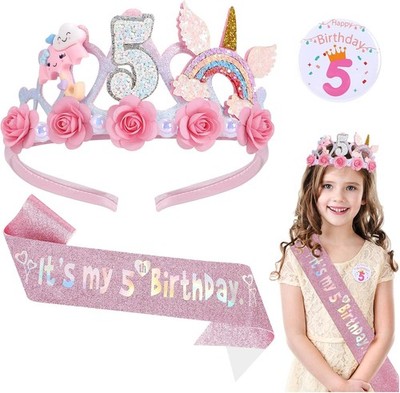 Geburtstagskrone Mädchen Rosa mit Schärpe Abzeichen Blumen Prinzessin Party