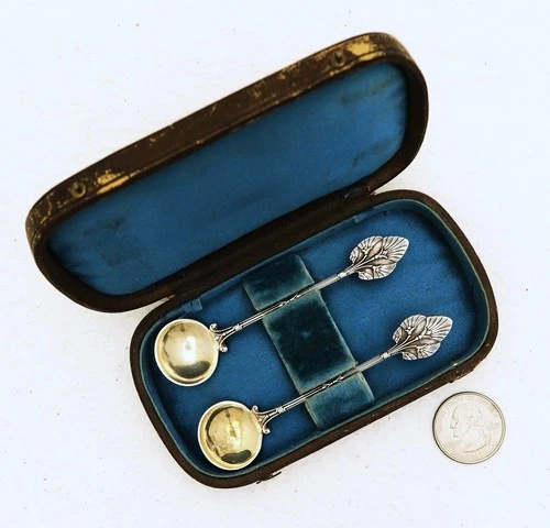 Pair Gorham Sterling Silver Condiment or Salt  Spoon Lotus Pattern c1865 in Case