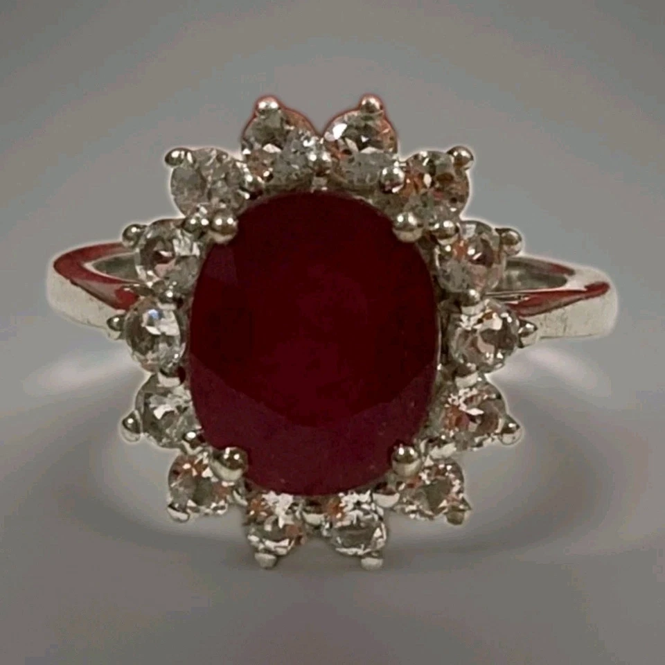 Anillo Halo Plata Esterlina 925 Rubí Niassa Genuino Con Topacio Blanco STS Talla 7.25 Foto 2 de 4