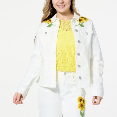 Diane Gilman White & Sunflowers Jean Jacket 2X Stretch Denim Embellished DG2 New