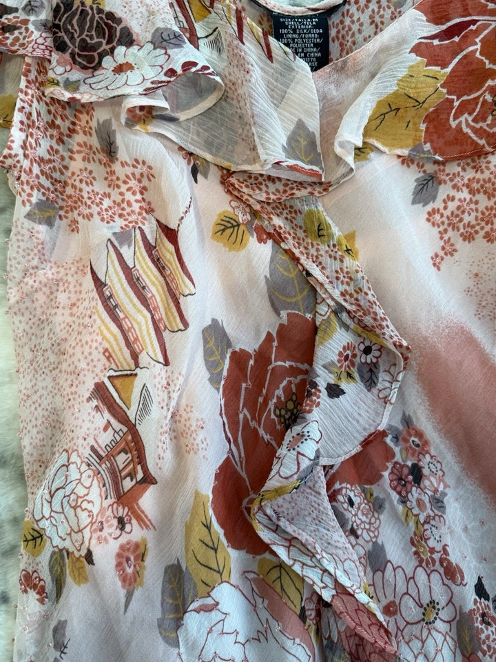 Top de seda floral rosa vintage talla M con cuentas Y2K transparente hadas cabaña volantes Foto 2 de 4