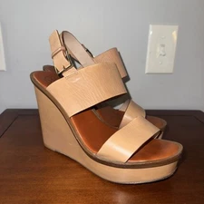 Tory Burch Lexington Sandals Womens 8M Tan Leather Strappy Platform Wedge Buckle