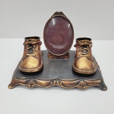 Vintage Bronze Baby Shoes Keepsake Photo Frame 3.5"x3" Infant Memory Display