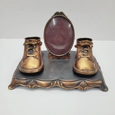 Vintage Bronze Baby Shoes Keepsake Photo Frame 3.5"x3" Infant Memory Display