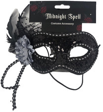 Black Masquerade Mask Sequin Feather Flower Gothic Venetian Halloween Costume