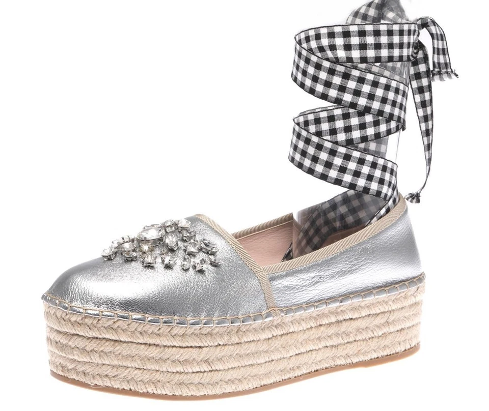 NEW MIU MIU PRADA SILVER LEATHER CRYSTALS ESPADRILLES LACE PLATFORM SHOES 40.5 - Image 3 of 4