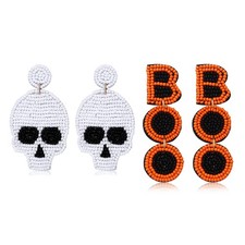 Halloween Beaded Skull Earrings Statement Spooky Sugar Skull Skeleton Beaded Dan