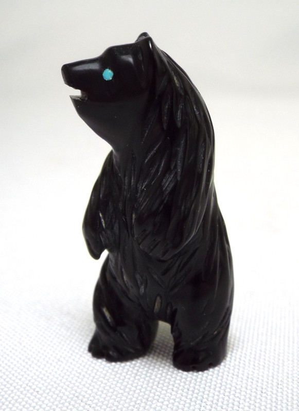 Zuni Fetish Carved Black Stone Standing Bear 7.3g Native American Animal Inlaid