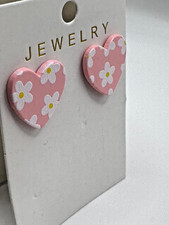 Pink Hearts with White Daisies Valentine Acrylic Stainless Steel Earrings