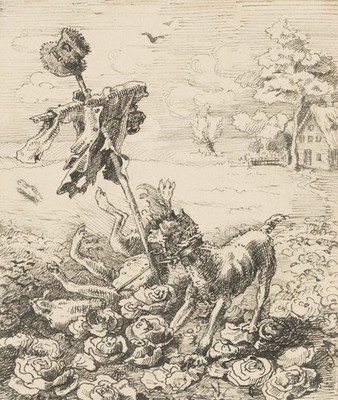 K. AHRENDTS (1855-1901), Die Vogelscheuche, Tusche Romantik Tiere 1850-1899
