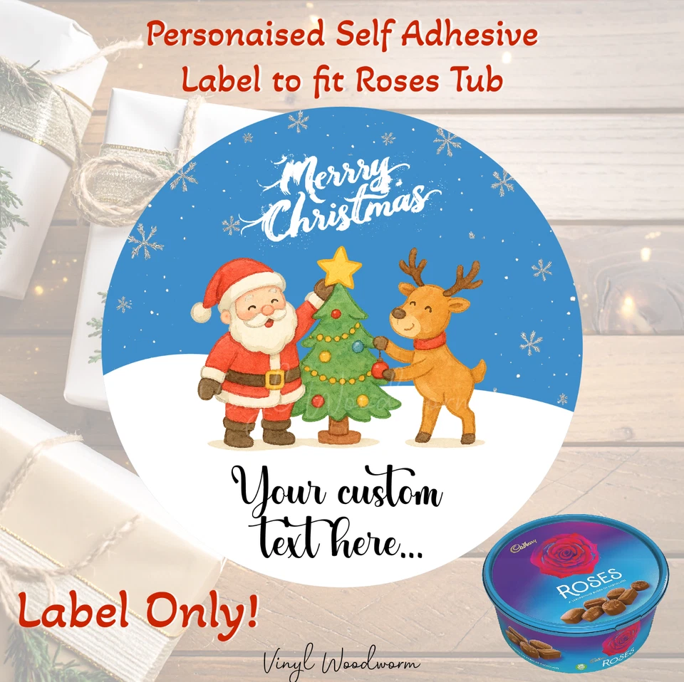 VINYL WOODWORM Personalised Cadbury Roses Christmas Chocolate Tub Label Sticker xmas gift