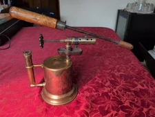 Vintage Otto Bernz Co. Brass Gas Blow Torch w/Iron Holder & 2 Copper Irons