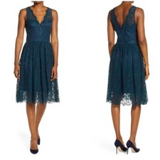 Eliza J Sleeveless V-Neck Green Lace w/Navy Lining Fit & Flare Dress, Sz 10, NEW