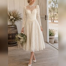 Unbranded Vintage 80s Ivory Tea length Short Lace Wedding Dress size 6