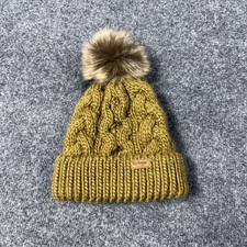 Barbour Bobble Hat Womens One Size Yellow Cable Knit Faux Fur Pom Beanie