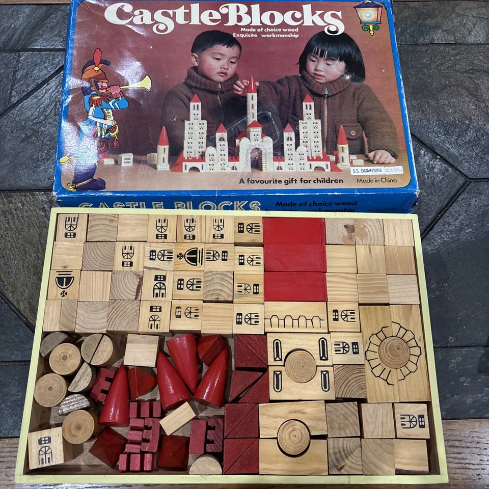 Vintage CastleBlocks 102 Piece Wooden Building Block Set In Wood Box 98 PCs - Image 2 of 4
