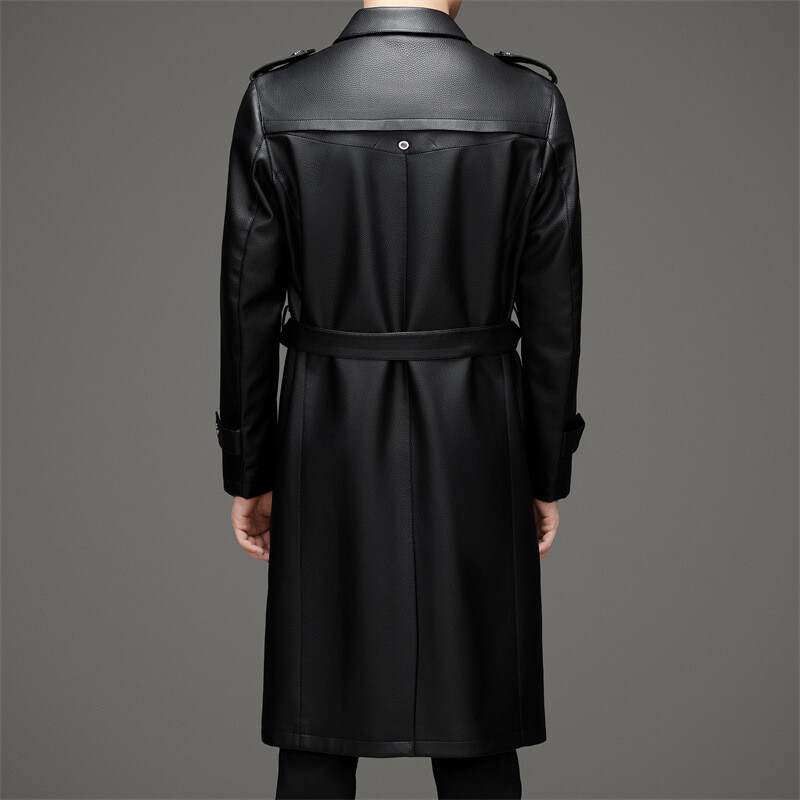 Long Leather Jacket Men Leather Trench Coat Business Casual