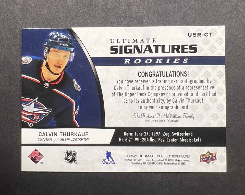 20/21 UD ULTIMATE CALVIN THURKAUF SIGNATURES RC ROOKIE AUTOGRAPH AUTO - Image 2 of 2