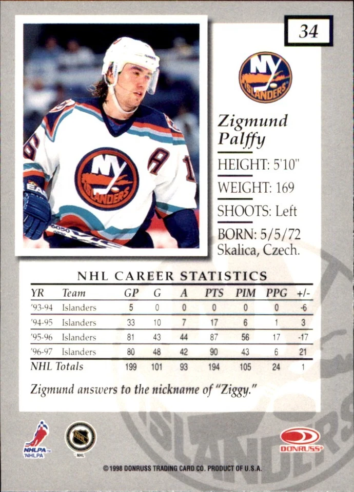 1997-98 Donruss Elite #34 Zigmund Palffy Ziggy NEW YORK ISLANDERS - Image 2 of 2