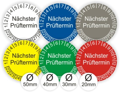 Prüfplaketten Nächster Prüftermin UVV DGUV Ø:20-50mm UV-RESISTENT-KRATZFEST B30