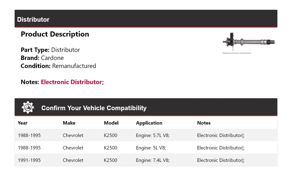 Para Chevrolet K2500 1988-1995 Distribuidor Cardone 1989 1990 1991 1992 1993 1994 Foto 2 de 4