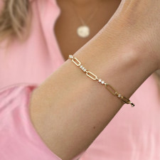 Round Lab Created Diamond Paper Clip Wedding Women's Bracelet 14K Yellow Gold