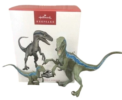 Hallmark JURASSIC WORLD DOMINION 2pc Beta Blue Dinosaurs Keepsake Ornaments 2022