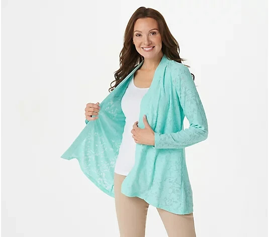 Susan Graver Burnout Knit Open-Front Duster Cardigan-Iced Aqua-Pet Small-A393746