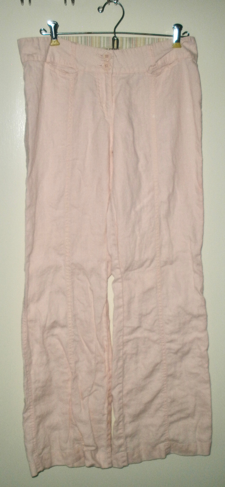 #1151 Doki Geki Linen Pants Women's Flare Leg Pockets Blush Cabana Baby Pink L