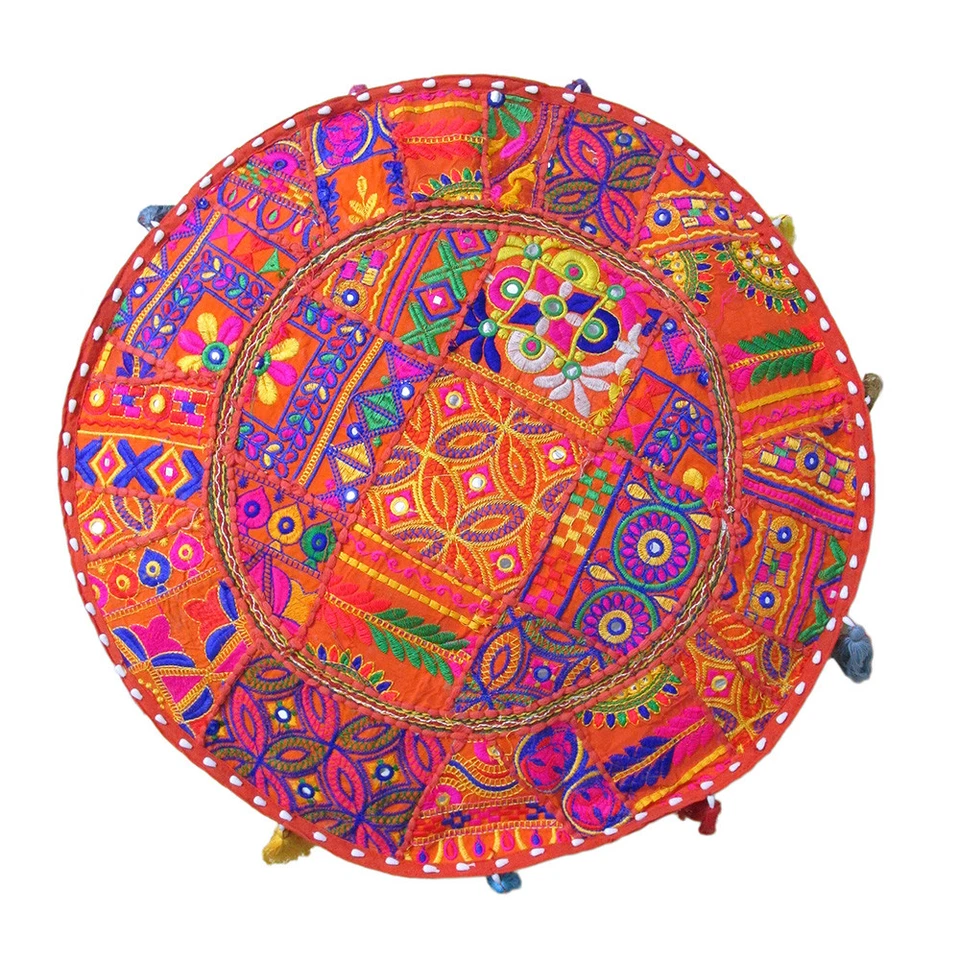 Puf de algodón redondo hecho a mano étnico indio retazos vintage con cubierta otomana de 22" Foto 3 de 4