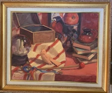 STILL LIFE WITH Birds, Snow Globe In red Original Oil, Aycock 16X20
