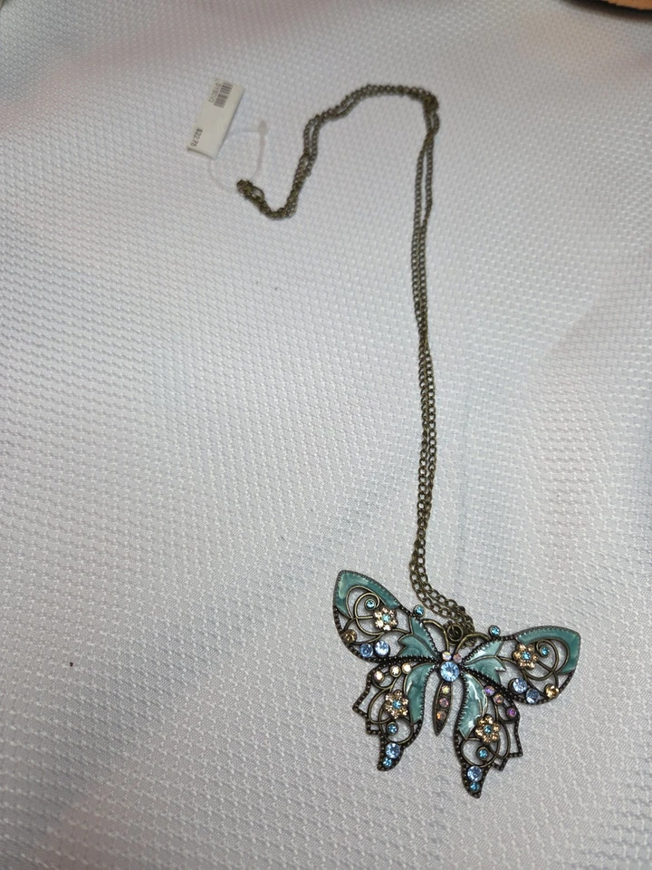 Butterfly With Rhinestones & Blue Enamel On Brass Tone 30" Necklace - Image 3 of 3