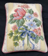 Vintage Handmade Floral Needlepoint Throw Pillow Pastel Flowers & Ribbon 12"x9"