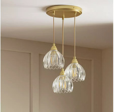 Home Petal Glass 3 Light Cluster Ceiling Light Brass Ribbed Glass Shades E14 10W